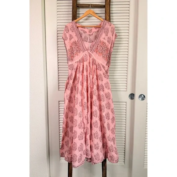 Free People Midi Dress Womens XL Pink Paisley Embroidered Boho Gauze - Picture 1 of 4